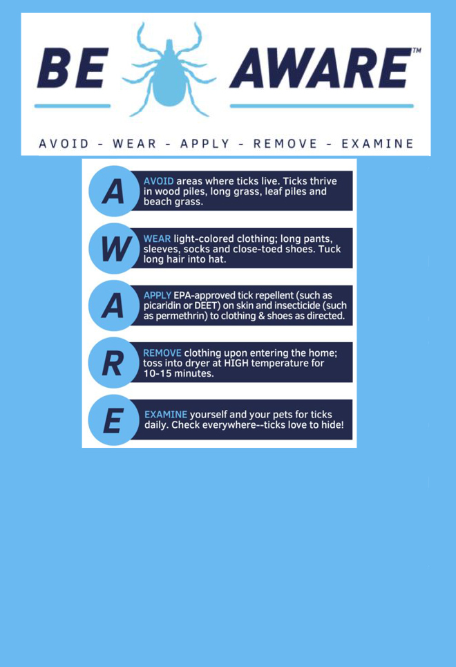Tick season is here! Be AWARE = Avoid, Wear, Apply, Remove and Examine! - News Image